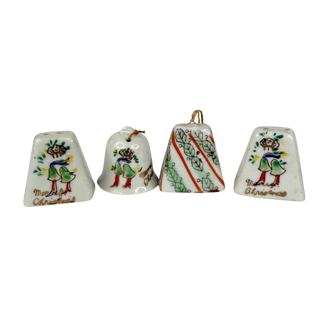Vintage Blume New York 4 Miniature Christmas Bells Japan Ceramic Hand Painted